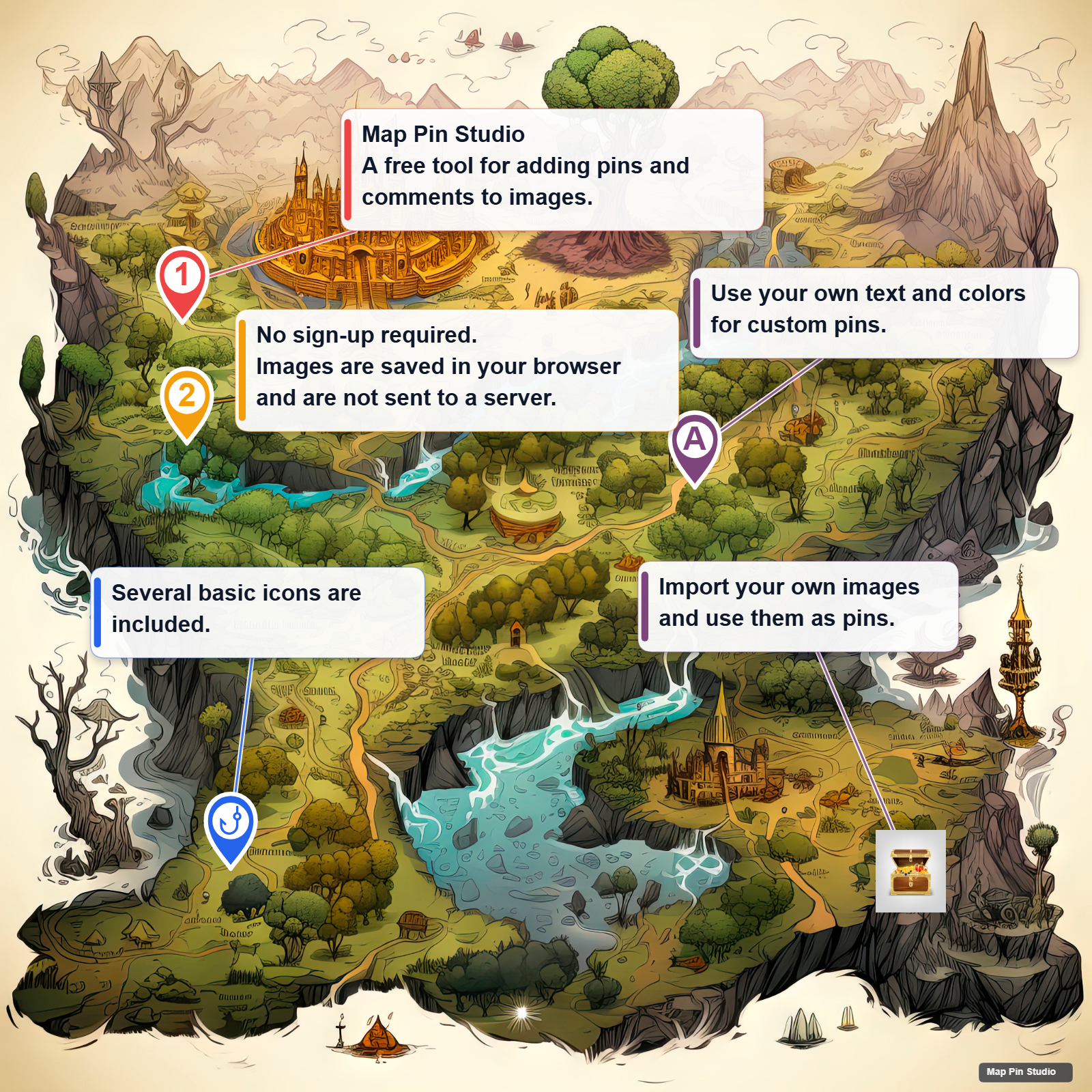 An exported image with pins and comments created in Map Pin Studio